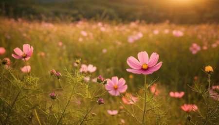 Cosmos flowers in the meadow at sunset. Nature background.の素材