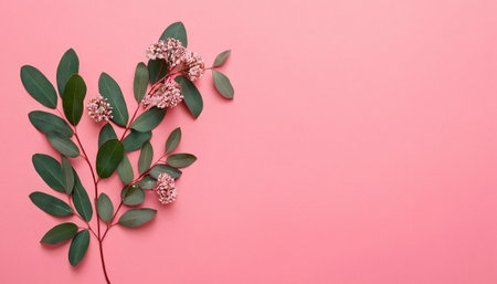 Eucalyptus branches with pink flowers on a pink backgroundの素材