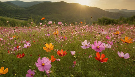 Beautiful cosmos flowers in the meadow in the mountains at sunsetの素材