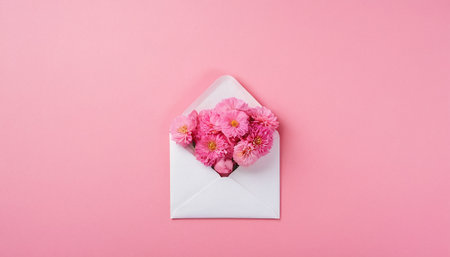 Envelope with pink flowers on a pink background. Flat lay, top viewの素材