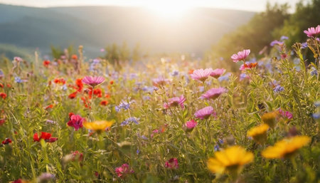 Colorful flowers in the meadow at sunset. Natural background.の素材