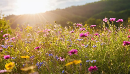 Beautiful meadow with colorful flowers in the rays of the setting sunの素材