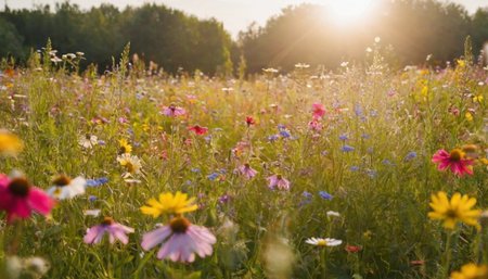Wildflowers in the meadow at sunset. Summer landscape.の素材