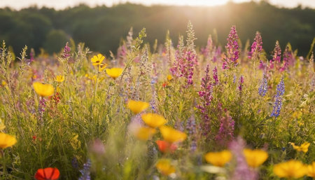 Wildflowers blooming in a field at sunset in summer.の素材