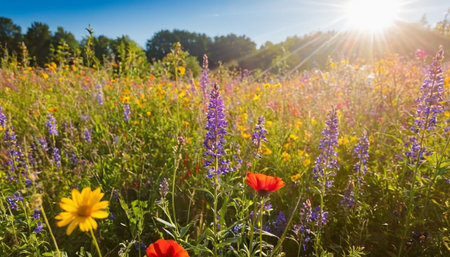 Wildflowers in a meadow at sunset. Summer landscape with flowers.の素材