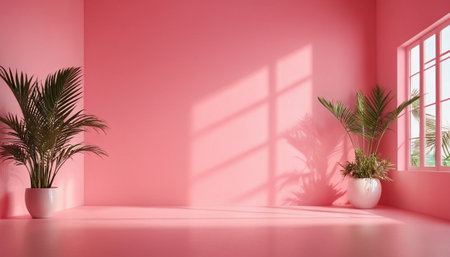 Pink empty room with plants and window. 3d render illustration.の素材