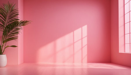 Pink empty room with window, plant and sunlight. 3D renderingの素材