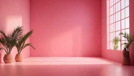 3d rendering of empty room with window and plants in pots.の素材