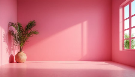 Pink empty room with palm tree in vase - 3d renderingの素材
