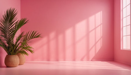 pink empty room with palm tree, 3d render illustration designの素材