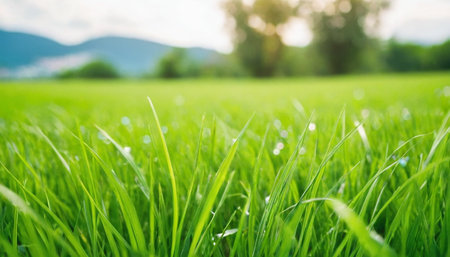 Green grass with dew on the meadow. Natural background.の素材
