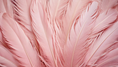 Beautiful pink feathers as background, closeup. Bird feather textureの素材