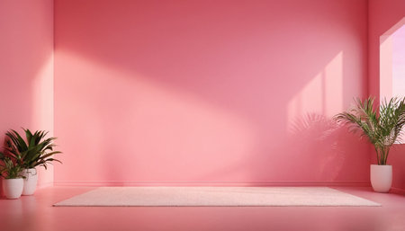 Empty room with pink wall, carpet and plants. 3d renderingの素材