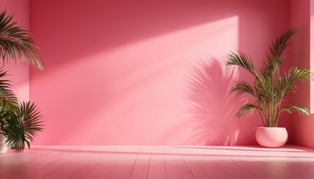 Pink empty room with palm tree. 3d render illustration mock upの素材