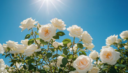 White roses in the garden on a background of blue sky and sunの素材
