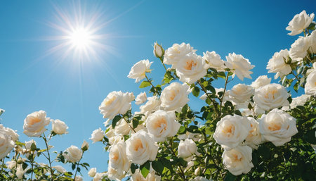 White roses in the garden on a background of blue sky with sunの素材