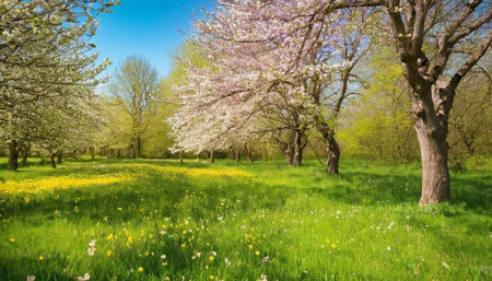 Beautiful spring landscape with blooming trees and green meadow.の素材