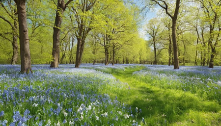 Bluebells and blue hyacinths in the spring forestの素材