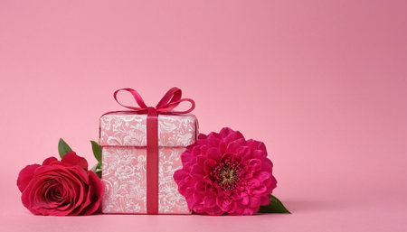 Gift box with red ribbon and rose flower on pink background.の素材