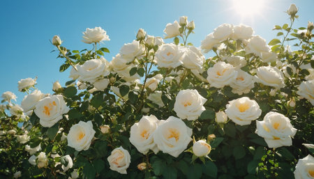 White roses in the garden on a sunny summer day. Nature background.の素材