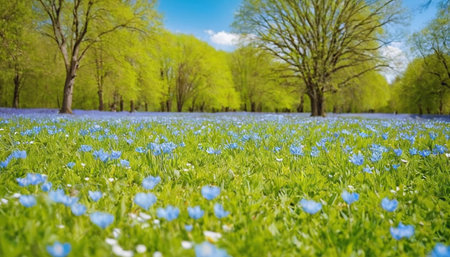 Blue flowers in a meadow in springtime. Spring landscape.の素材