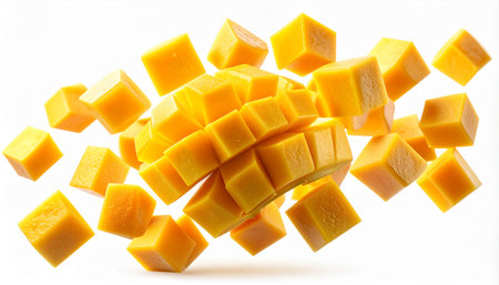 Mango cubes isolated on white background cutout. Healthy eating concept.の素材