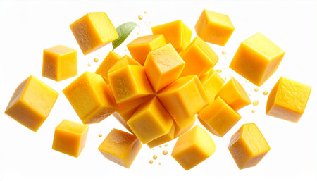 Mango cubes isolated on white background. Top view. Flat lay.の素材