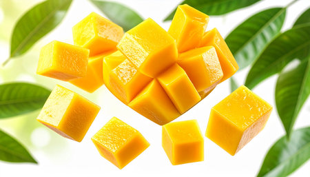 Mango cubes flying in the air on white background, closeupの素材