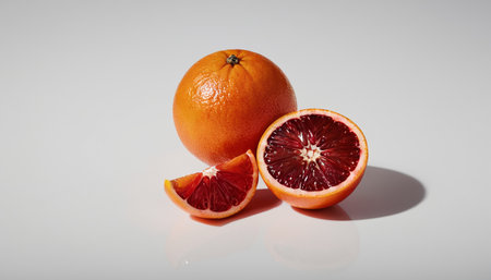 Slices of red blood orange on a white background with shadowの素材
