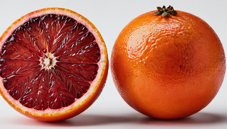 Two halves of red blood oranges on a white background closeup.の素材