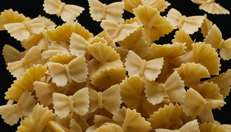 Close up of raw farfalle pasta on a black background.の素材