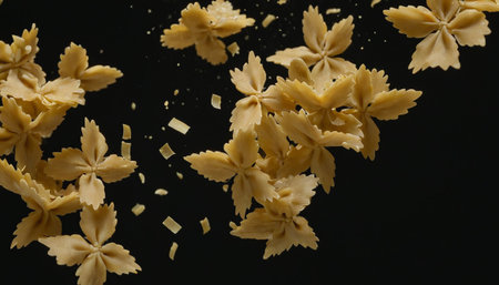 farfalle pasta flying on a black background, close-upの素材