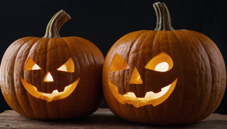 Halloween pumpkins on wooden table, isolated on black background.の素材