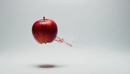 Falling red apple with water splash isolated on a white background.の素材