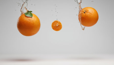 Fresh oranges falling into water with splash on white background. Copy spaceの素材