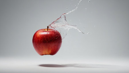 Red apple falling into water with splash on grey background. Healthy food conceptの素材