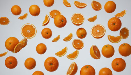 Oranges on a white background. Top view. Flat lay.の素材
