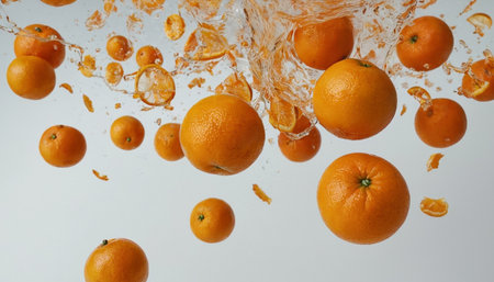 Fresh tangerines falling into water with splash isolated on white backgroundの素材