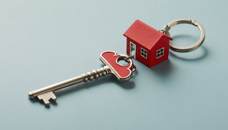 Key with house shaped keyring on blue background. Real estate conceptの素材
