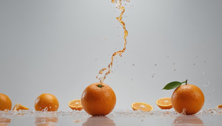 Fresh orange falling into water with splash on gray background. Copy spaceの素材
