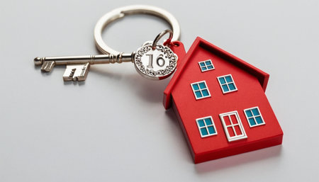 House key with keychain in shape of a house on white backgroundの素材