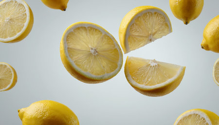 Fresh lemons flying in the air on a white background with copy spaceの素材