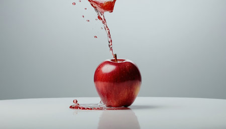 Red apple falling into a glass of juice with a splash on a white backgroundの素材