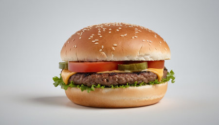 Cheeseburger with fresh vegetables isolated on a white background.の素材