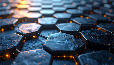 3d rendering. Futuristic hexagonal background with glowing particles.の素材