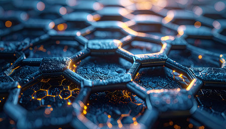 3d rendering. Futuristic hexagonal honeycomb with glowing particles. 3d illustration.の素材