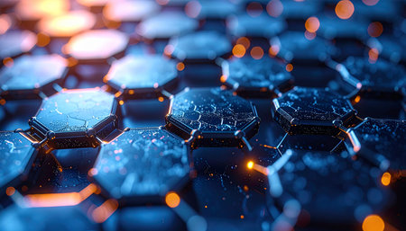 3d rendering of abstract background with hexagons in blue and orange lightの素材