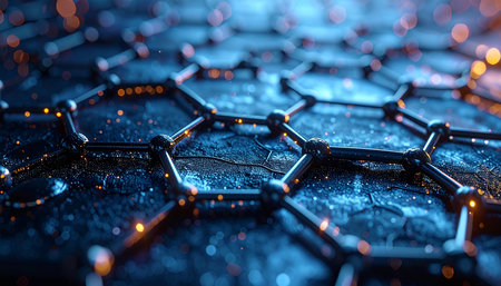 3d illustration of hexagonal honeycomb on dark blue background.の素材