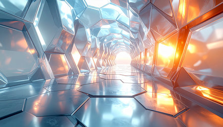 Futuristic corridor with glowing lights, 3d rendering background.の素材