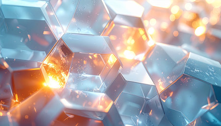 Abstract 3d rendering of chaotic hexagonal shapes. Futuristic background with glowing particles.の素材